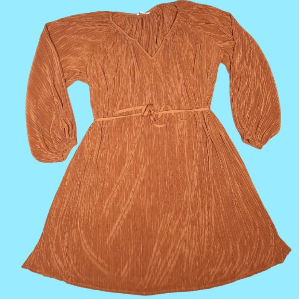Est 1946 Size 14/16W Brown Woven L/S Full Length Dress Mini Pleats Belted
